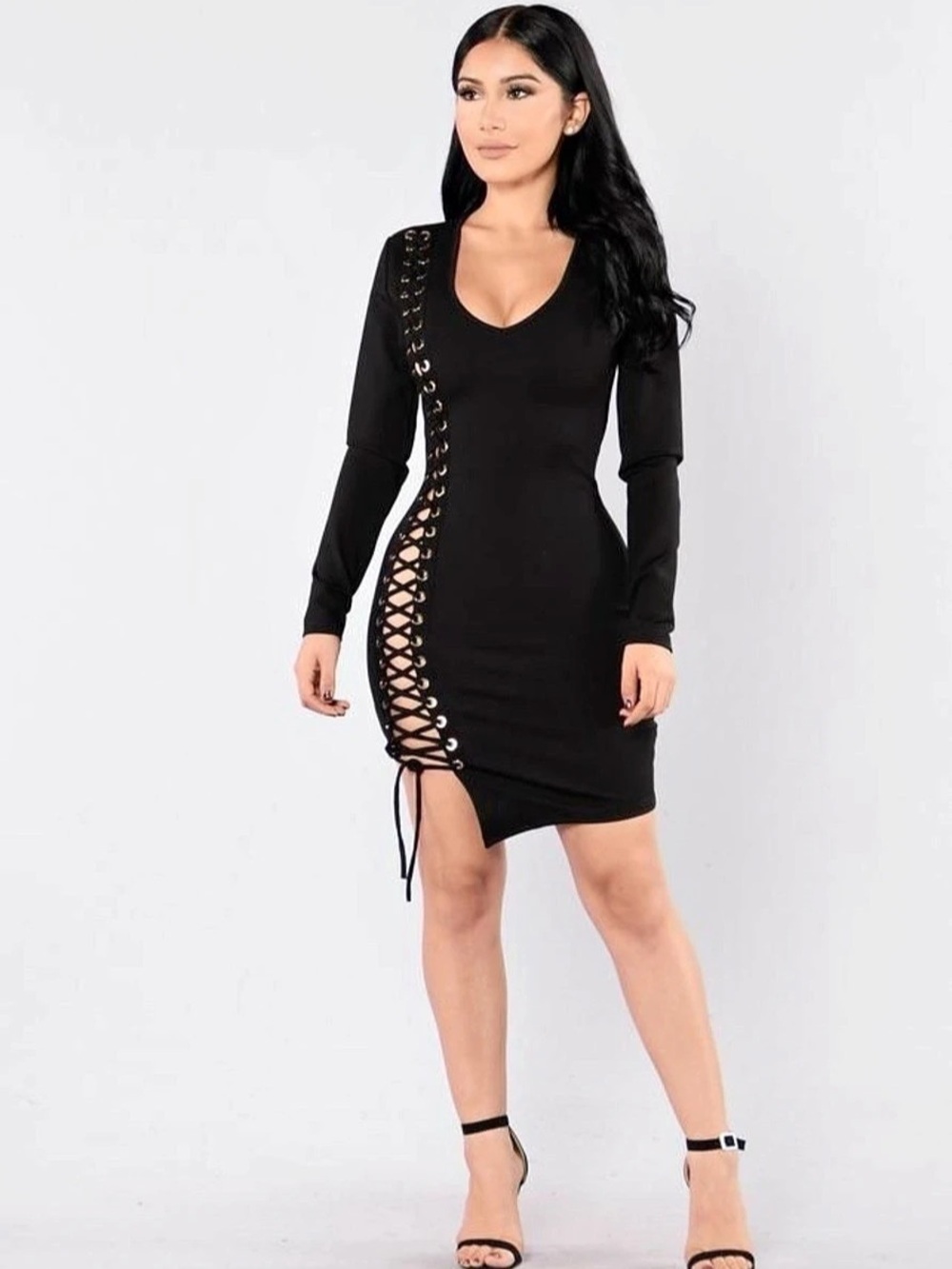 NWT Fashion Nova Black Ticket To Love Lace-Up V-Neck Mini Dress Size Medium